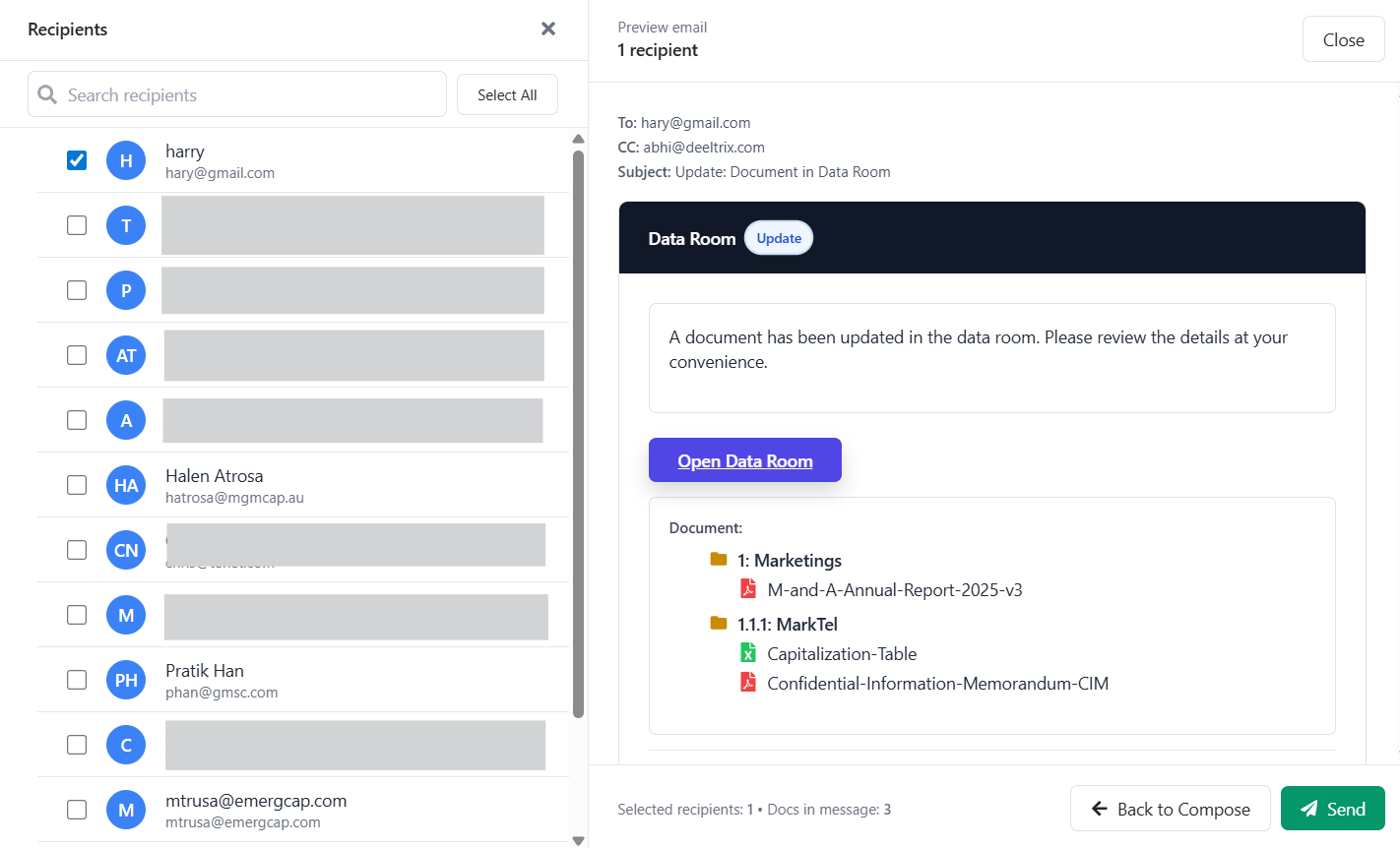 1-Click room update management for instant email notifications